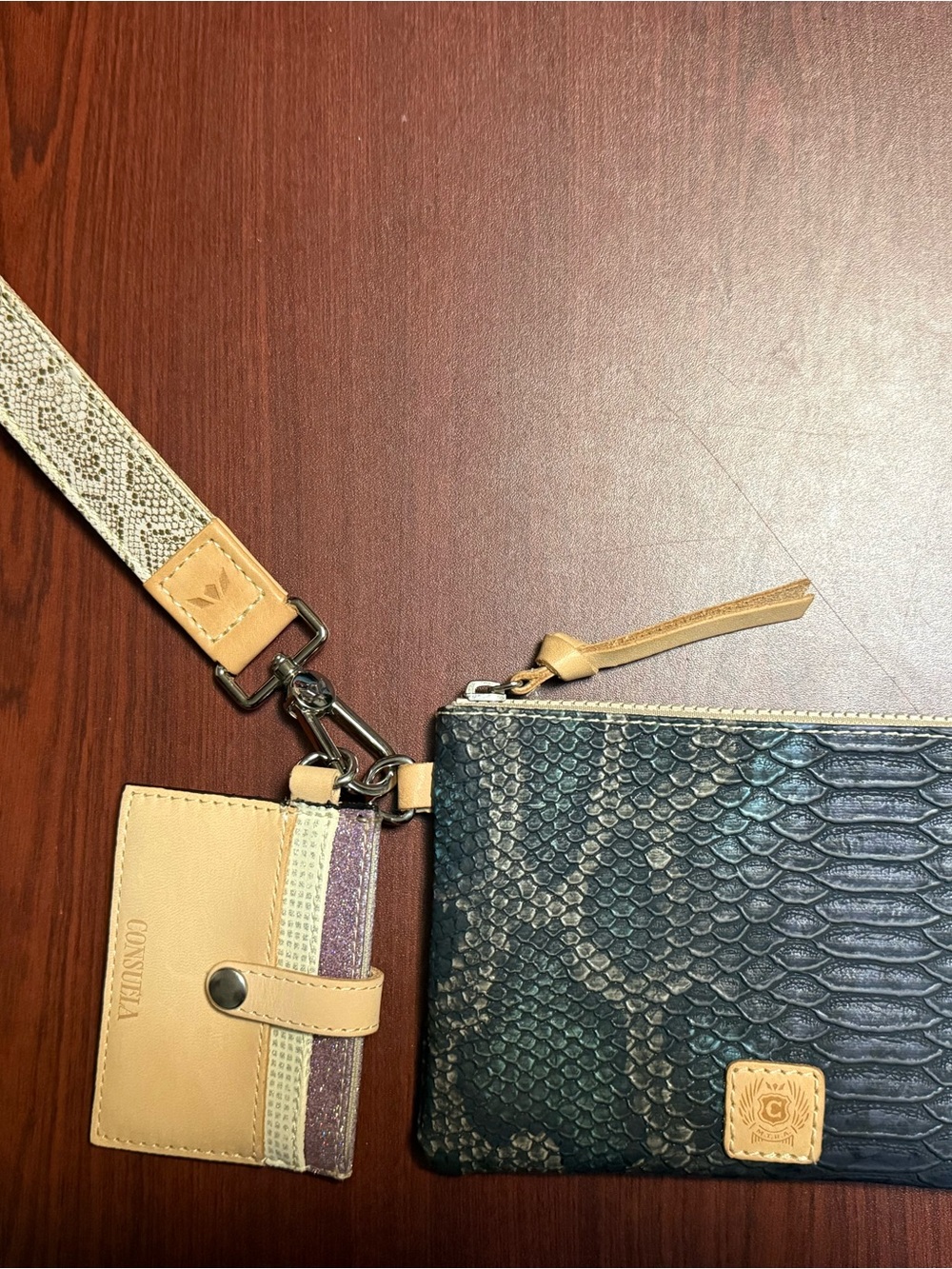 Consuela Black Textured Wristlet Clutch with Tan Card Holder